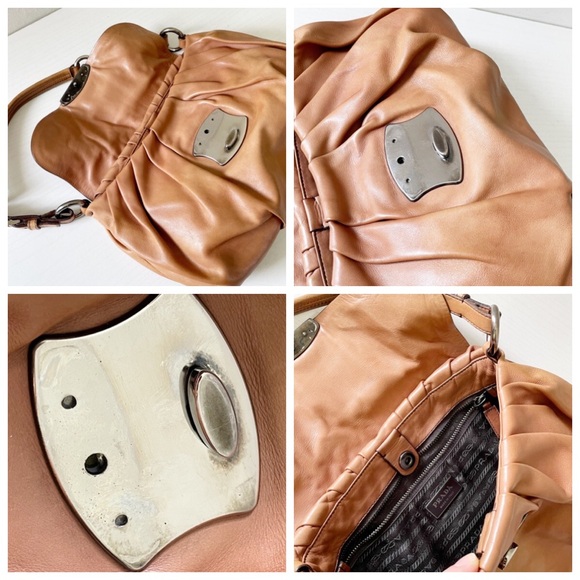 Prada brown nappa lambskin leather pushlock shoulder flap bag baguette - Picture 7 of 12